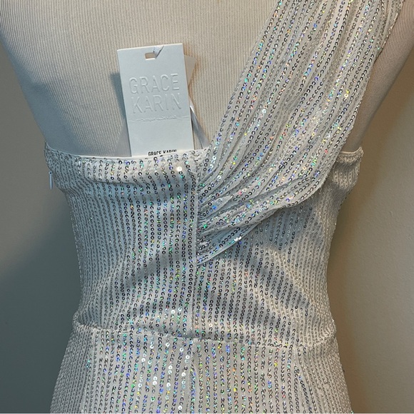 GRACE KARIN Women Sequined Party Dress One-Shoulder Irregular Wrap Hem Bodycon S - Picture 8 of 12